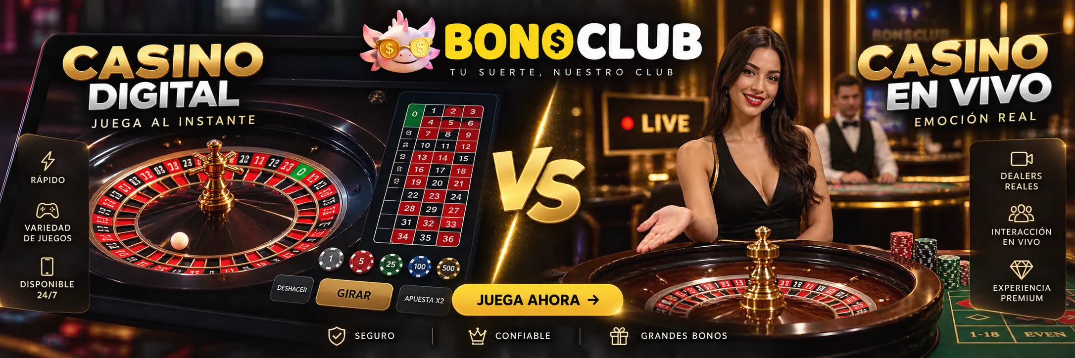 Comparación visual entre la interfaz de casino digital y mesa con crupier en vivo en bonoclub.co