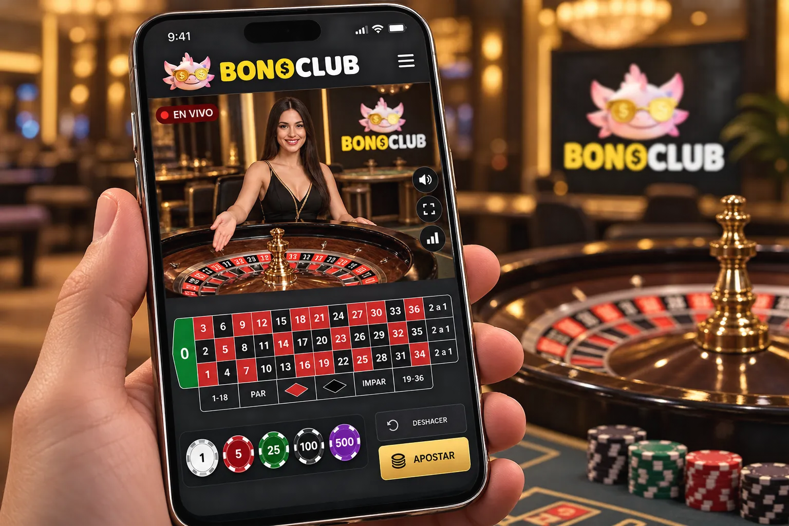 Mesa de casino en vivo con transmisión en tiempo real en dispositivo móvil bonoclub.co