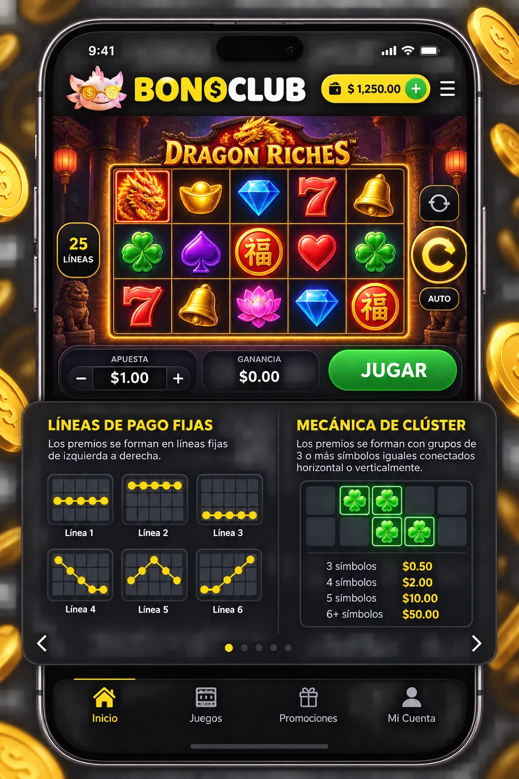 Diagrama de líneas de pago y patrones de combinación en una tragamonedas digital