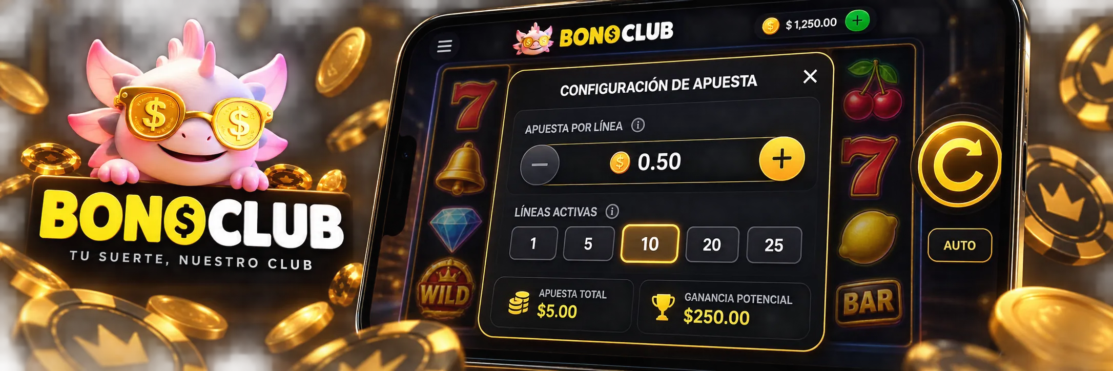 Panel de control de apuestas y selección de líneas en una slot en línea