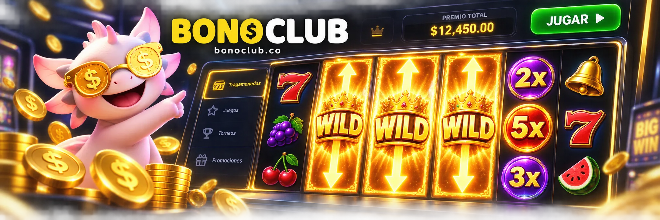 Detalle de carretes de tragamonedas con comodines expansivos y multiplicadores en bonoclub.co