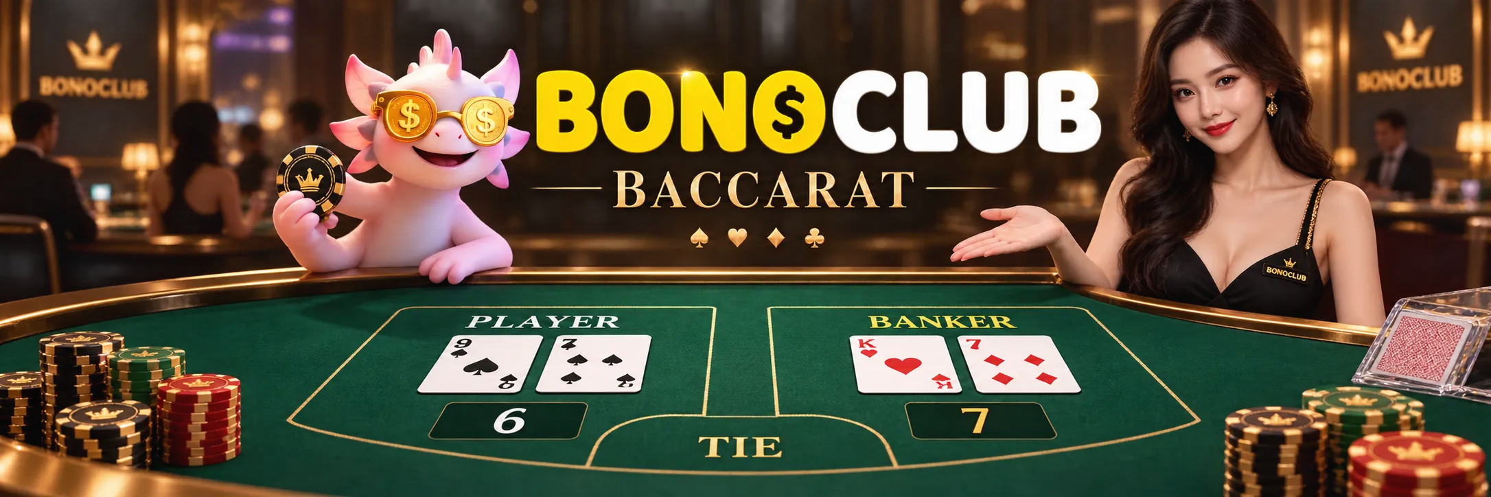 Mesa de juego de baccarat con cartas descubiertas y fichas de apuesta en bonoclub.co
